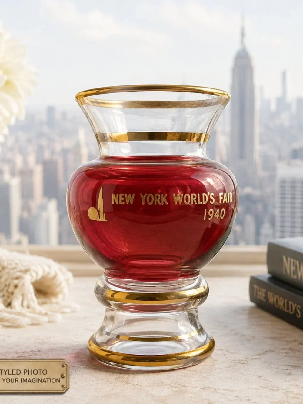 1940 NY World’s Fair Ruby Flash Glass Souvenir Vase Trylon Perisphere 4